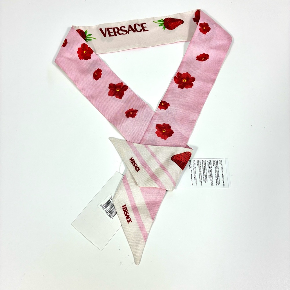 Versace Strawberry Garden Silk Skinny Twill Scarf Tie Logo Pink Red NWT - Picture 12 of 16